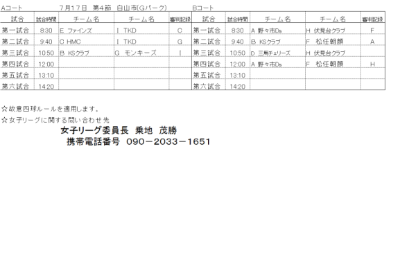 28平成年女子リーグ組合せ 第四節