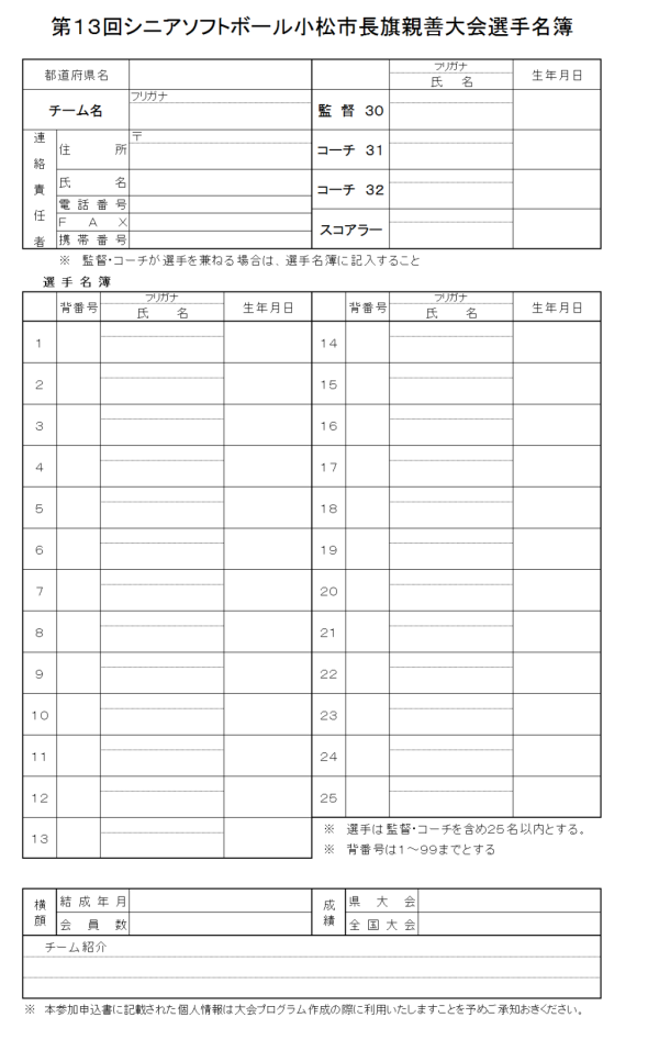 第１３回シニアソ小松市長旗親善大会選手名簿