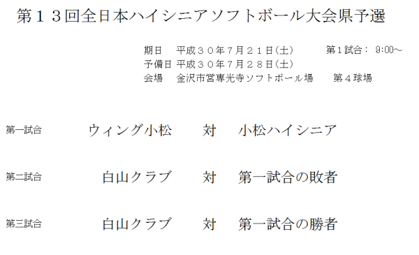 第１３回全日本ハイシニアソフトボール大会県予選 組合せ 改