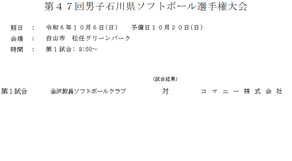 第47回男子石川県ソフトボール選手権大会 組合せ