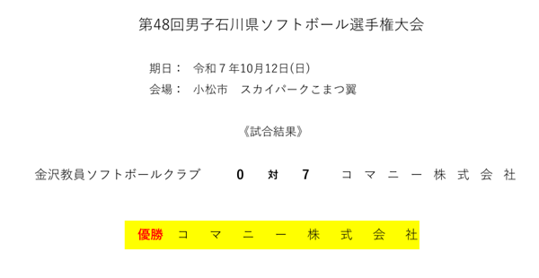 第48回男子石川県ソフトボール選手権 結果