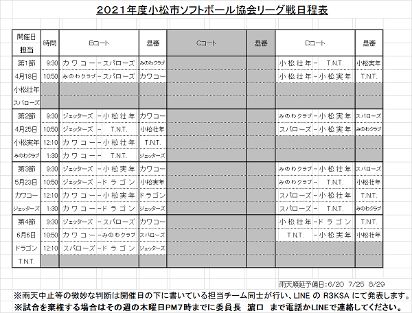 2021年度小松市ソフトボール協会リーグ戦日程表